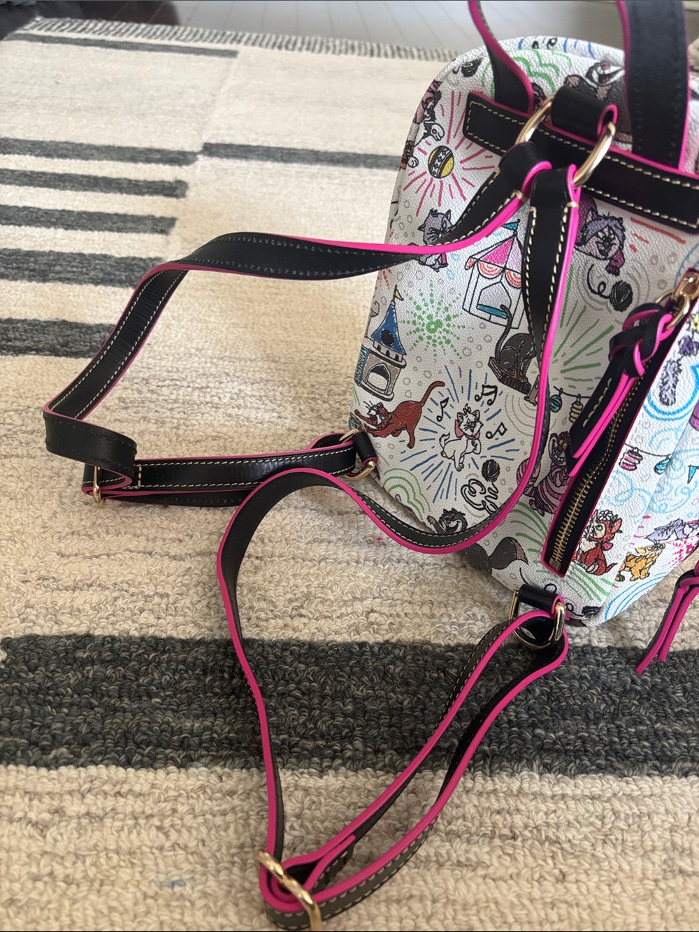 Dooney & Bourke White Mini Backpack with Multicolor Cat Print and Pink Trim - Picture 3 of 6